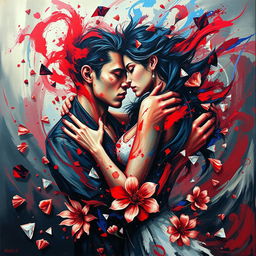 A dramatic and visually striking depiction of a tumultuous relationship symbolized through an abstract art style