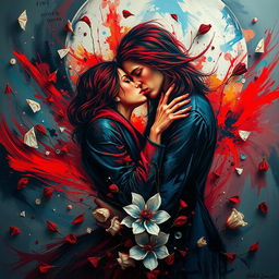 A dramatic and visually striking depiction of a tumultuous relationship symbolized through an abstract art style