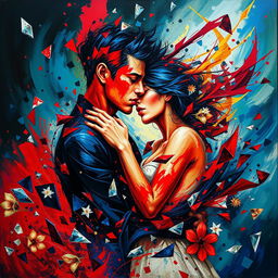A dramatic and visually striking depiction of a tumultuous relationship symbolized through an abstract art style