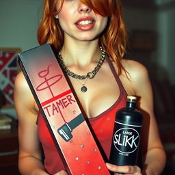 A captivating close-up shot of a sexy redhead female with a large chest wearing a tank top adorned with punk chains