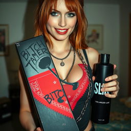 A captivating close-up shot of a sexy redhead female with a large chest wearing a tank top adorned with punk chains