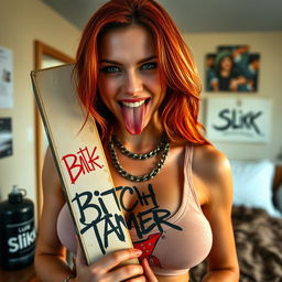 A close-up shot focusing on a sexy female redhead with a large chest wearing a tank top detailed with punk chains