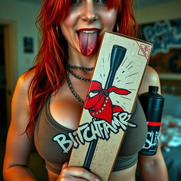 A close-up shot focusing on a sexy female redhead with a large chest wearing a tank top detailed with punk chains