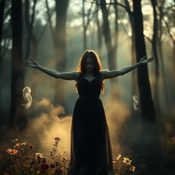 A hauntingly beautiful scene set in a twilight forest, where a solitary figure of a young woman stands with her arms outstretched, surrounded by ethereal mist