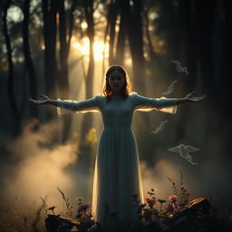 A hauntingly beautiful scene set in a twilight forest, where a solitary figure of a young woman stands with her arms outstretched, surrounded by ethereal mist