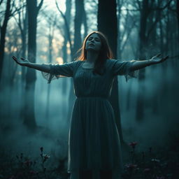 A hauntingly beautiful scene set in a twilight forest, where a solitary figure of a young woman stands with her arms outstretched, surrounded by ethereal mist
