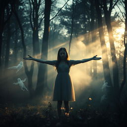 A hauntingly beautiful scene set in a twilight forest, where a solitary figure of a young woman stands with her arms outstretched, surrounded by ethereal mist