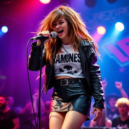 A girl with hair that blends shades of brown and orange, sporting a black leather skirt, a white Ramones crop top, and a leather jacket, embodying a punk rock style