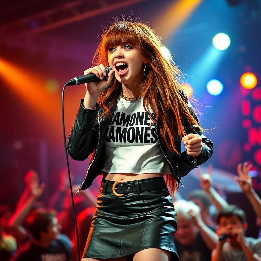 A girl with hair that blends shades of brown and orange, sporting a black leather skirt, a white Ramones crop top, and a leather jacket, embodying a punk rock style