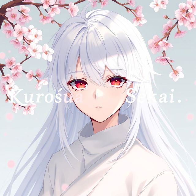 A boy with long white hair wearing an all-white outfit, his striking red eyes capturing attention, surrounded by delicate cherry blossom flowers floating above him, with the text "Kurosuōba no Sekai : Mangaverse" beautifully integrated into the scene