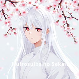 A boy with long white hair wearing an all-white outfit, his striking red eyes capturing attention, surrounded by delicate cherry blossom flowers floating above him, with the text "Kurosuōba no Sekai : Mangaverse" beautifully integrated into the scene