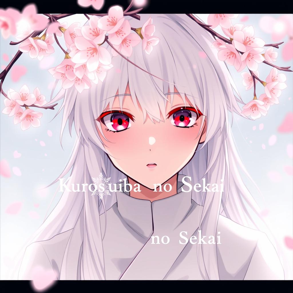 A boy with long white hair wearing an all-white outfit, his striking red eyes capturing attention, surrounded by delicate cherry blossom flowers floating above him, with the text "Kurosuōba no Sekai : Mangaverse" beautifully integrated into the scene