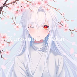 A boy with long white hair wearing an all-white outfit, his striking red eyes capturing attention, surrounded by delicate cherry blossom flowers floating above him, with the text "Kurosuōba no Sekai : Mangaverse" beautifully integrated into the scene
