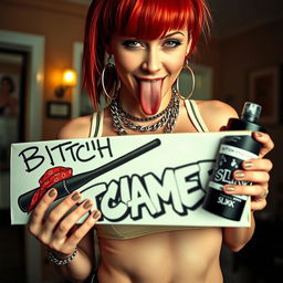 A close-up shot of a sexy female redhead with a large chest, wearing a tank top adorned with punk chains