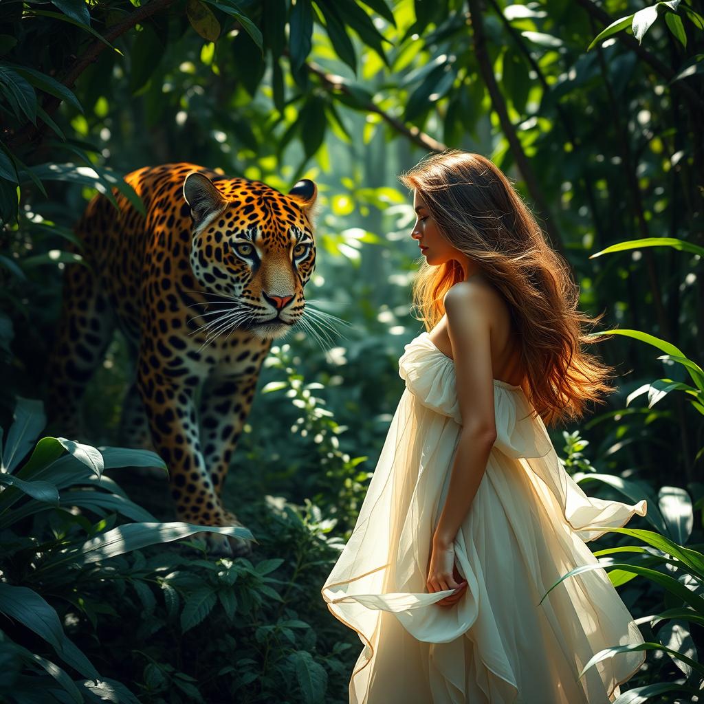 A stunningly beautiful jaguar prowling through a lush, tropical rainforest, showcasing its vibrant orange and black spotted fur