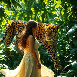A stunningly beautiful jaguar prowling through a lush, tropical rainforest, showcasing its vibrant orange and black spotted fur