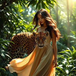 A stunningly beautiful jaguar prowling through a lush, tropical rainforest, showcasing its vibrant orange and black spotted fur
