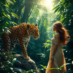 A stunningly beautiful jaguar prowling through a lush, tropical rainforest, showcasing its vibrant orange and black spotted fur