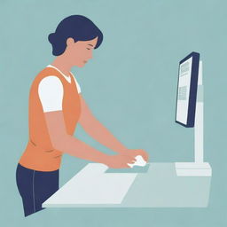 A simple illustration of a person cleaning their hands before using a computer.