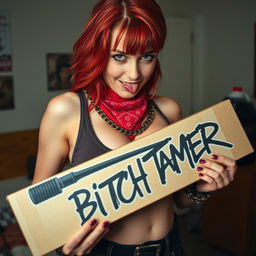 A close-up shot of a sexy female redhead with a large chest and visible cleavage, wearing a casual tank top adorned with punk chains