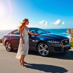 A picturesque scene of a woman falling in love with a sleek Jaguar XF parked on a scenic coastal road