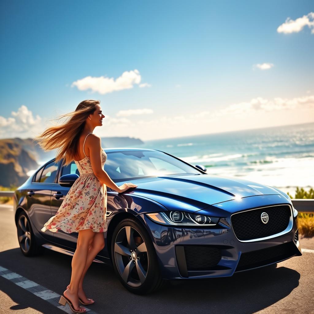 A picturesque scene of a woman falling in love with a sleek Jaguar XF parked on a scenic coastal road