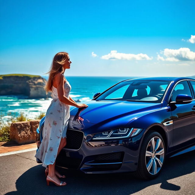 A picturesque scene of a woman falling in love with a sleek Jaguar XF parked on a scenic coastal road