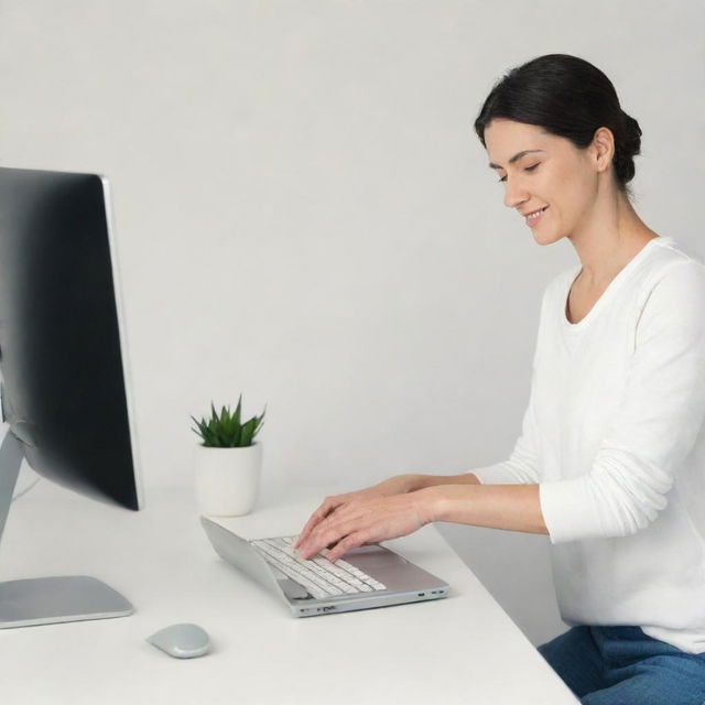 A simple illustration of a person cleaning their hands before using a computer.