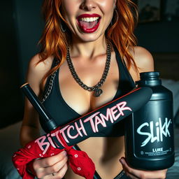 A close-up shot focusing on a sexy redhead woman in a tank top adorned with punk chains, showcasing her large chest and alluring cleavage