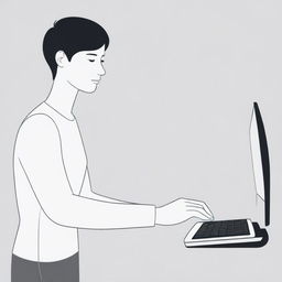 A simple illustration of a person cleaning their hands before using a computer.