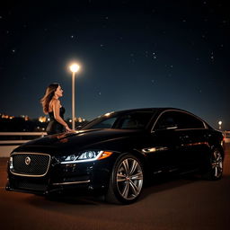 A romantic night scene featuring a woman falling in love with a sleek black Jaguar XF parked under a starry sky