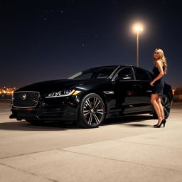 A romantic night scene featuring a woman falling in love with a sleek black Jaguar XF parked under a starry sky