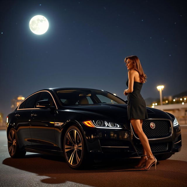 A romantic night scene featuring a woman falling in love with a sleek black Jaguar XF parked under a starry sky