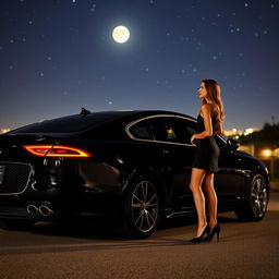 A romantic night scene featuring a woman falling in love with a sleek black Jaguar XF parked under a starry sky