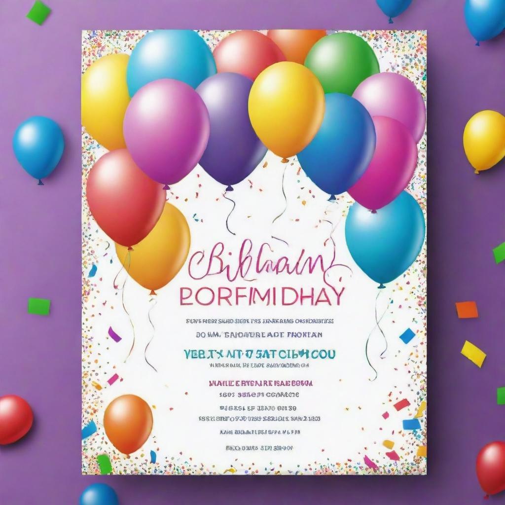 A vibrant birthday invitation card design with colorful balloons, confetti, and fun fonts. Include space for event details.