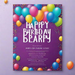 A vibrant birthday invitation card design with colorful balloons, confetti, and fun fonts. Include space for event details.