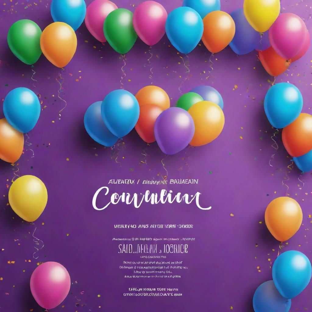 A vibrant birthday invitation card design with colorful balloons, confetti, and fun fonts. Include space for event details.