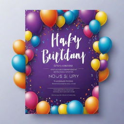 A vibrant birthday invitation card design with colorful balloons, confetti, and fun fonts. Include space for event details.