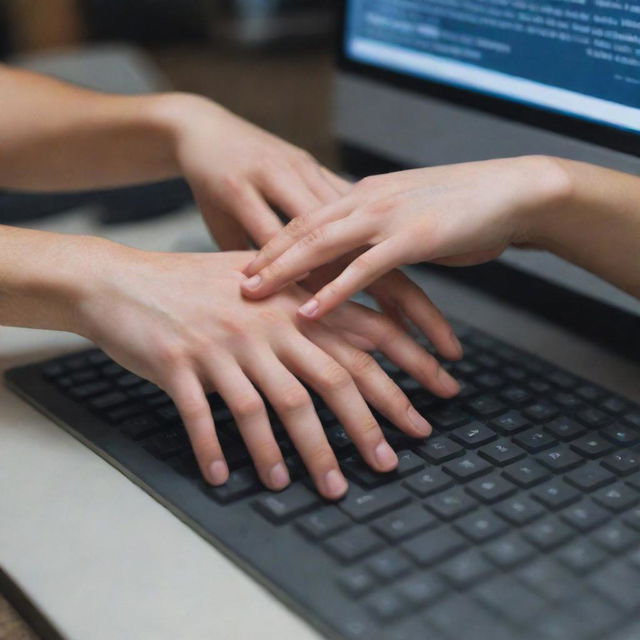 Close-up view of hands expertly dancing across a computer keyboard.