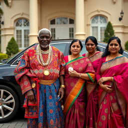An older African man dressed in colorful traditional attire, adorned with numerous gleaming gold chains, stands proudly next to a large, impressive car parked in front of a grand house