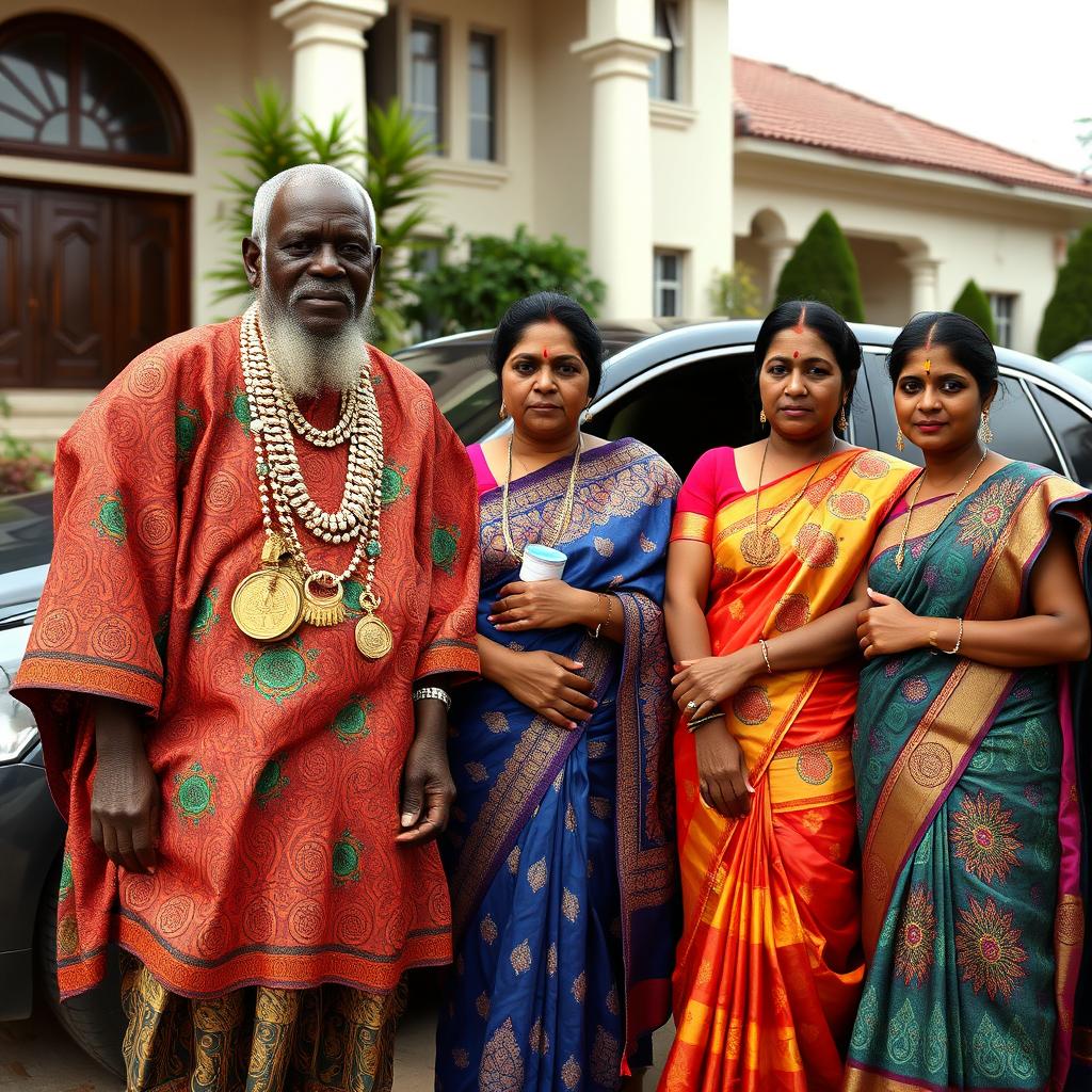 An older African man dressed in colorful traditional attire, adorned with numerous gleaming gold chains, stands proudly next to a large, impressive car parked in front of a grand house