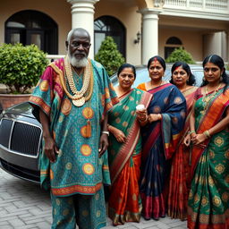 An older African man dressed in colorful traditional attire, adorned with numerous gleaming gold chains, stands proudly next to a large, impressive car parked in front of a grand house