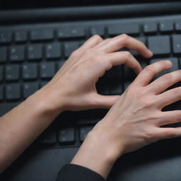 Close-up view of hands expertly dancing across a computer keyboard.