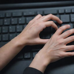 Close-up view of hands expertly dancing across a computer keyboard.