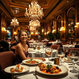 An elegant setting inside a luxurious restaurant, showcasing a woman completely enamored with the ambiance