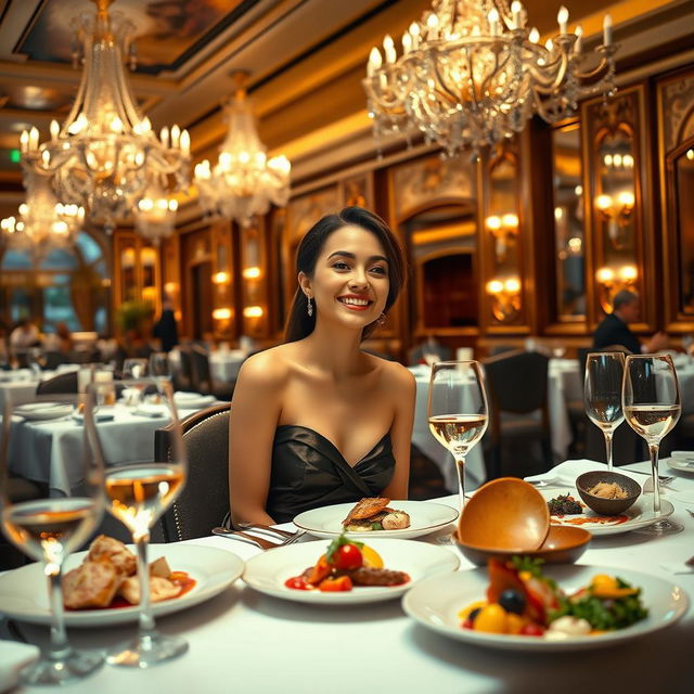 An elegant setting inside a luxurious restaurant, showcasing a woman completely enamored with the ambiance