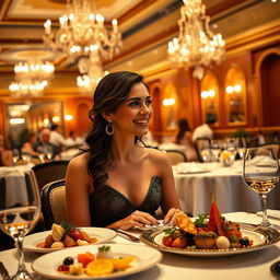 An elegant setting inside a luxurious restaurant, showcasing a woman completely enamored with the ambiance