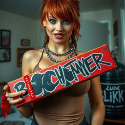 A close-up shot of a sexy female redhead with a large chest, wearing a snug tank top adorned with punk chains