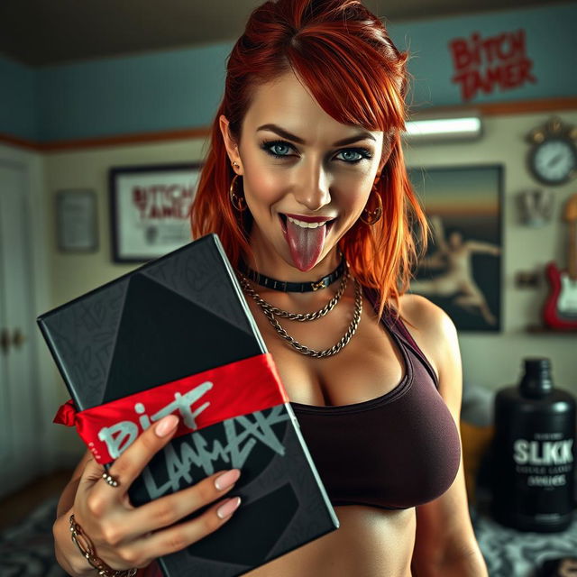 A close-up shot of a sexy female redhead with a large chest, wearing a snug tank top adorned with punk chains