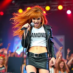 A fierce girl with hair in shades of orange and brown, wearing a black leather skirt and a white Ramones crop top